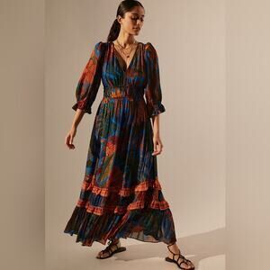 FARM Rio Blue Orange Tiered Floral Maxi Dress 3/4 Sleeves Tropical Boho XS New